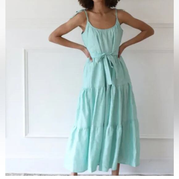 Mille Travel Maui Tiered Linen Maxi Dress‎ Green Striped small NWT - Picture 3 of 11